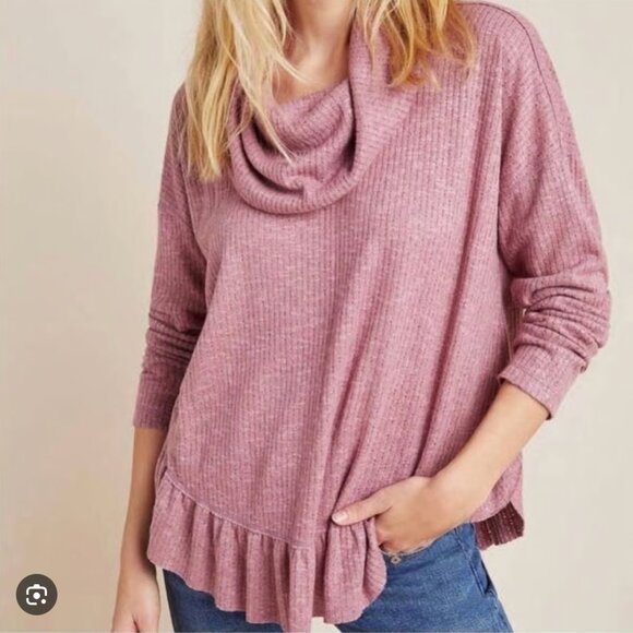 Anthropologie Maeve Addie Ruffled Hacci Sweater in Mauve Ribbed Funnel Neck Sz L - Picture 1 of 6